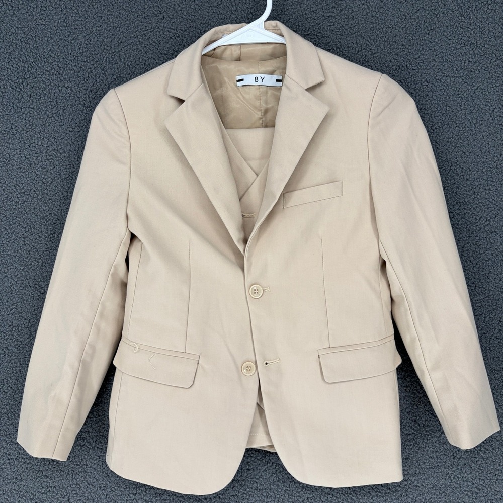 Boys Tan 3 Piece Suit Set Blazer Vest Pants Size 8Y Khaki Formal Wedding Event